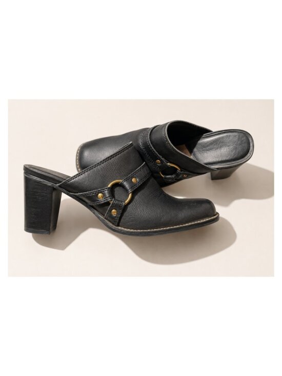 AEROSOLES Shoes - Aerosoles Black Leather Mule Moto Biker Boots Heeled Clogs Size‎ 7.5